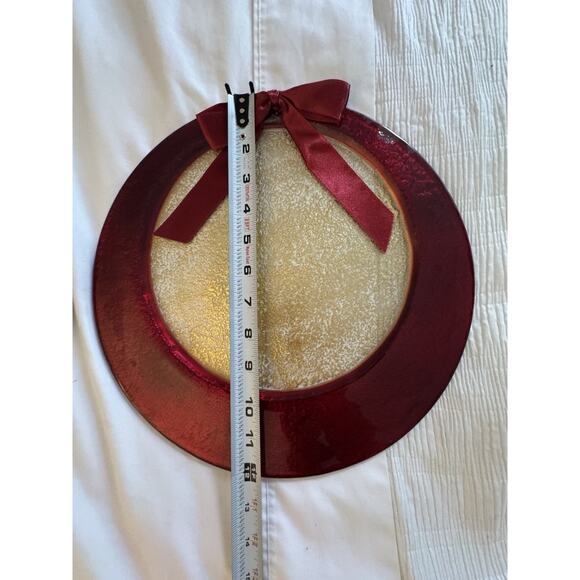 Lot of 2 Red Gold Charger Plates Holiday Bow Christmas Home Decor Glass Frosted - Picture 4 of 6